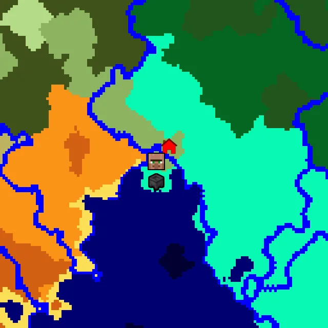 Overworld biome map of seed 341486250303405832 around spawn, with the village and swamp hut marked