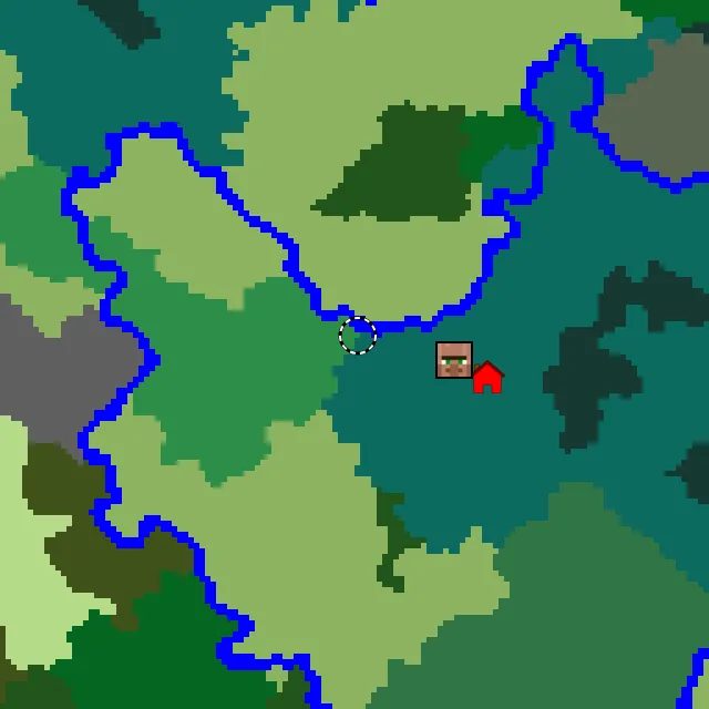 Overworld biome map of seed 8956781074911069 around spawn, with the village and flower forest marked