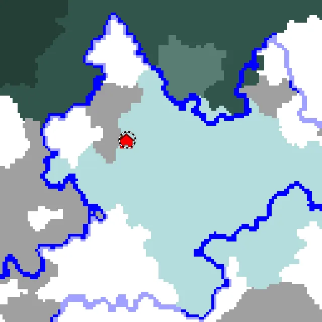 Overworld biome map of seed -7909005634116222244 around spawn, with the ice spikes marked