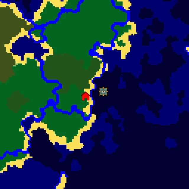 Overworld biome map of seed 4670705464203460 around spawn, with the monument marked