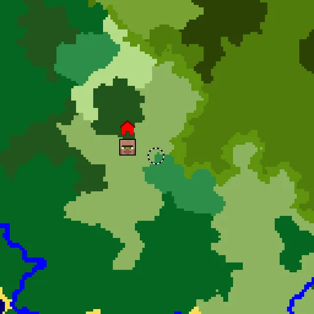 Overworld biome map of seed 6159843630366268 around spawn, with the village and flower forest marked