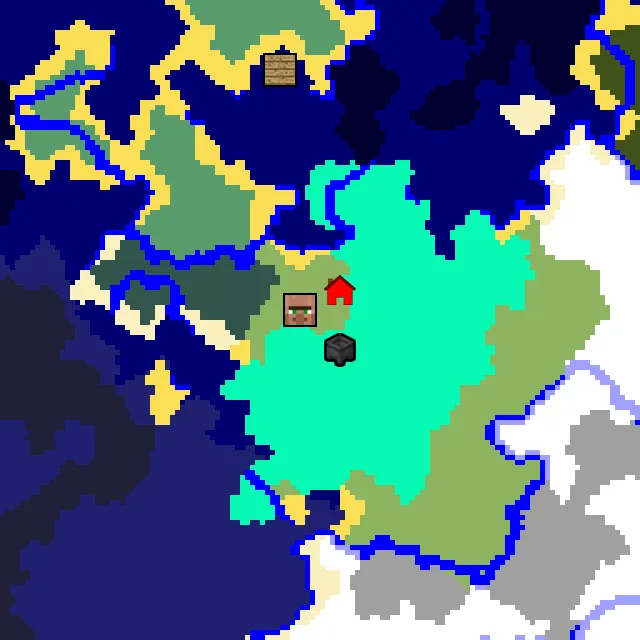 Overworld biome map of seed -1697752733920647767 around spawn, with the village and swamp hut marked