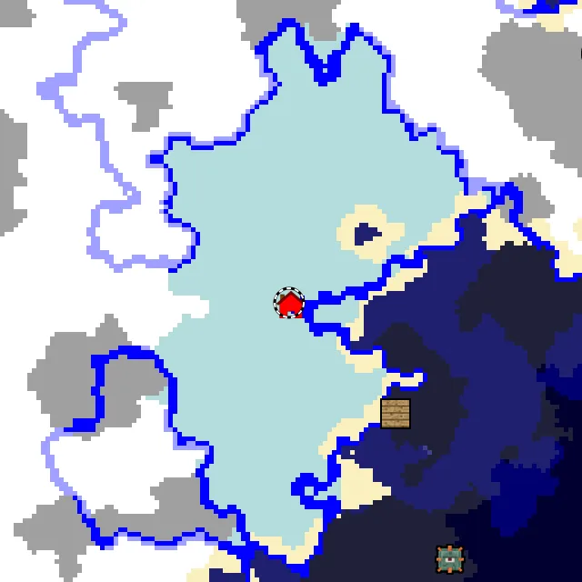 Overworld biome map of seed -6515867844115927356 around spawn, with the ice spikes marked