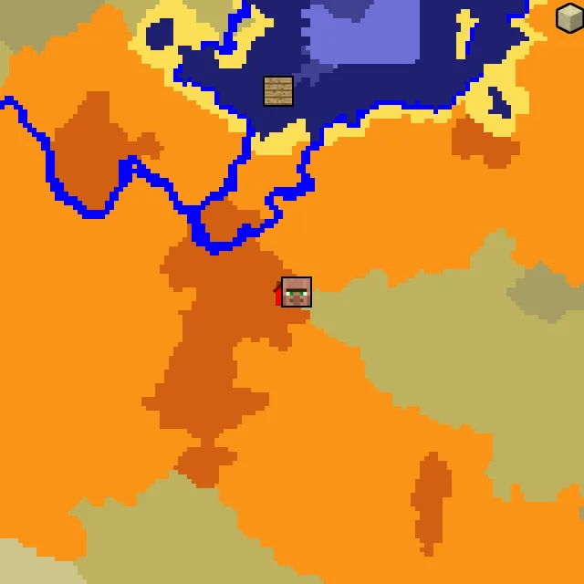 Overworld biome map of seed 1495165223134790 around spawn, with the village marked
