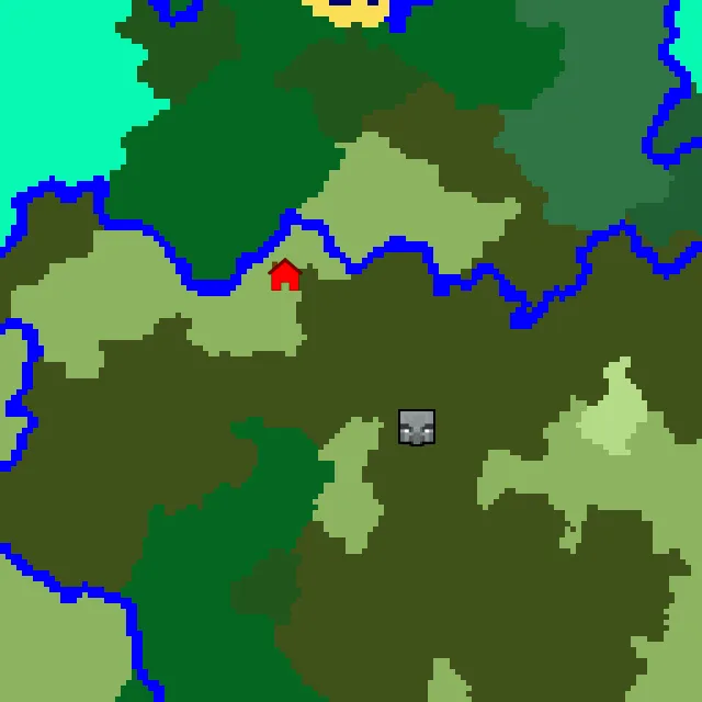 Overworld biome map of seed 347774008616504686 around spawn, with the mansion marked