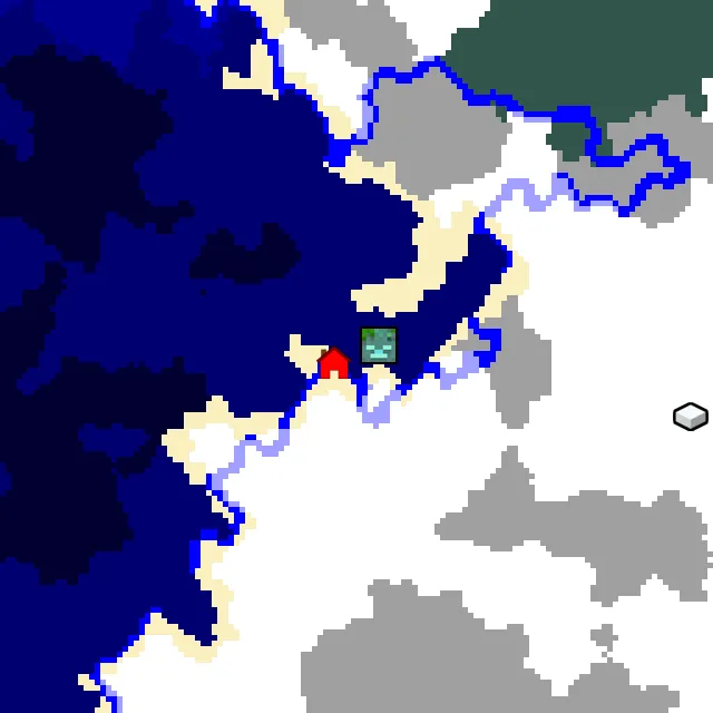 Overworld biome map of seed 6553003746844 around spawn, with the ocean ruin marked