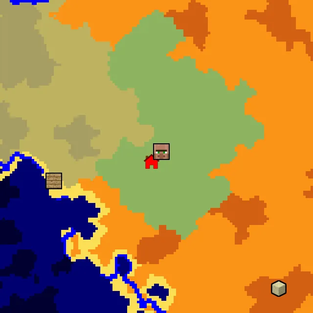 Overworld biome map of seed 171676703753511 around spawn, with the village marked