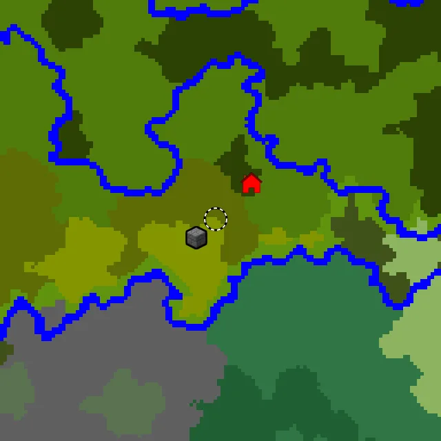 Overworld biome map of seed 2030344811373742 around spawn, with the jungle pyramid and bamboo jungle marked