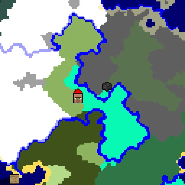 Overworld biome map of seed 325292682793391546 around spawn, with the village and swamp hut marked
