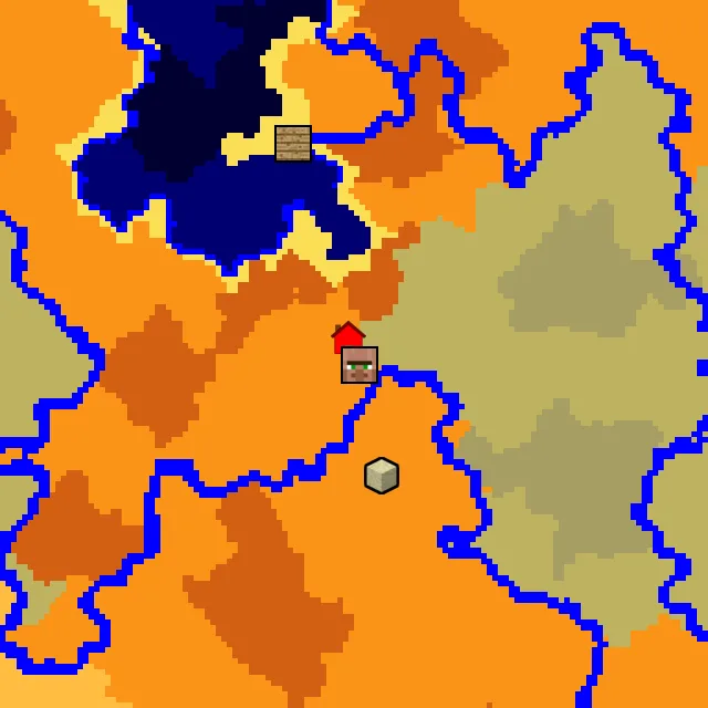 Overworld biome map of seed 1849230432813361 around spawn, with the village marked