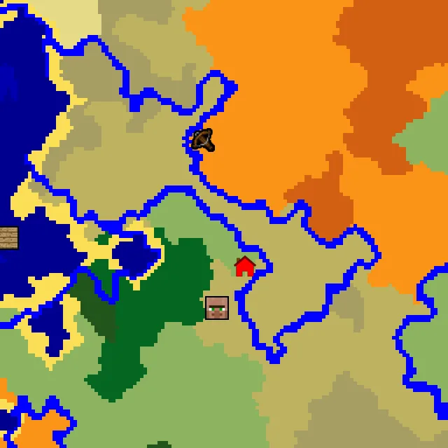 Overworld biome map of seed 4325048267000230 around spawn, with the village and outpost marked