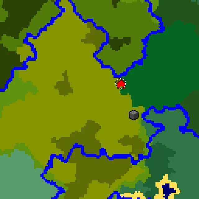 Overworld biome map of seed 53436184056938955 around spawn, with the jungle pyramid and bamboo jungle marked