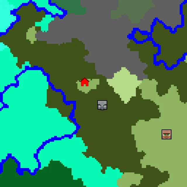 Overworld biome map of seed 55159084632331632 around spawn, with the mansion marked