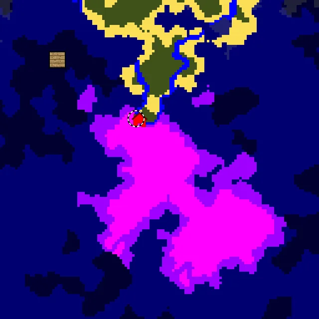 Overworld biome map of seed 5978152017450822775 around spawn, with the mushroom fields marked