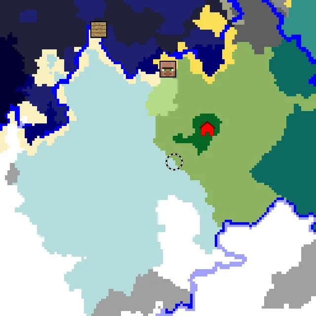 Overworld biome map of seed 6855319456471912433 around spawn, with the ice spikes marked