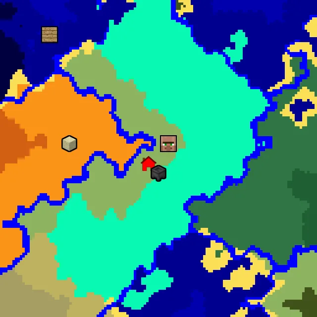 Overworld biome map of seed 8079560615630916439 around spawn, with the village and swamp hut marked
