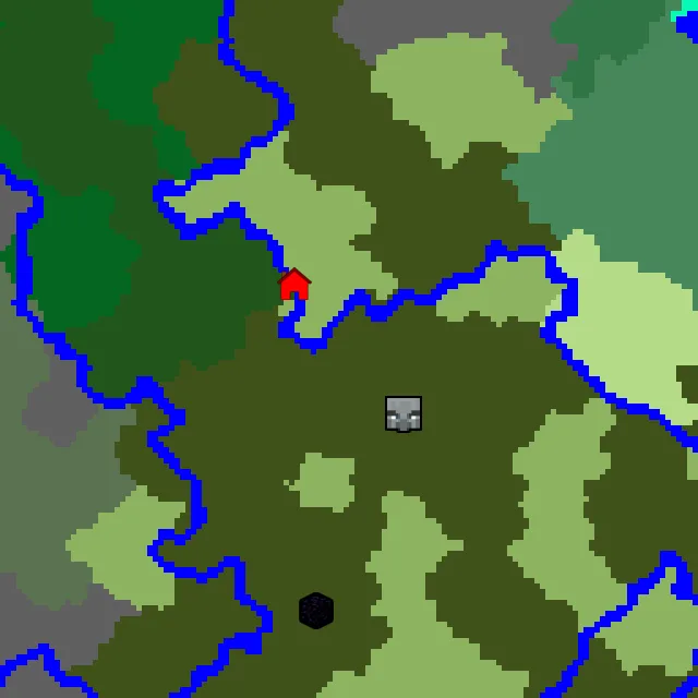 Overworld biome map of seed 14065147857334974 around spawn, with the mansion marked