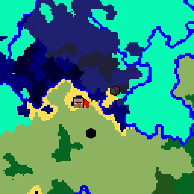 Overworld biome map of seed 2554356850603931302 around spawn, with the village and swamp hut marked