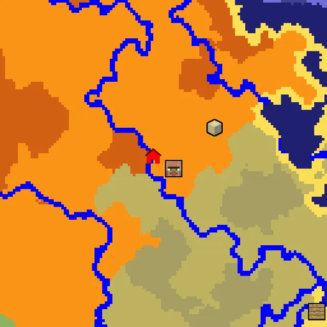 Overworld biome map of seed 635400316504313 around spawn, with the village marked