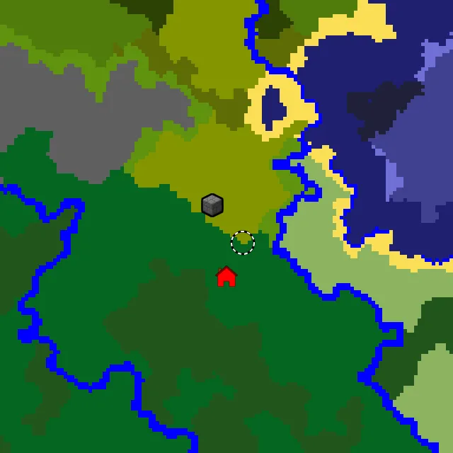 Overworld biome map of seed 18609568761444765 around spawn, with the jungle pyramid and bamboo jungle marked
