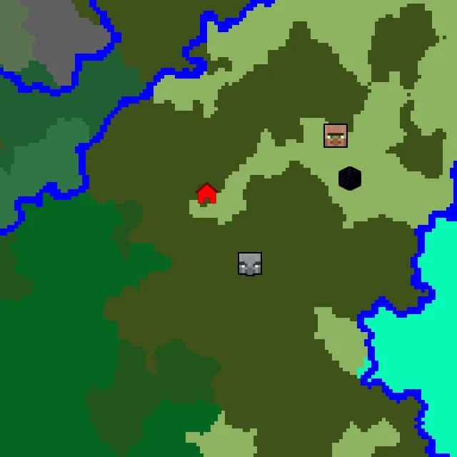 Overworld biome map of seed 34601657136405448 around spawn, with the mansion marked