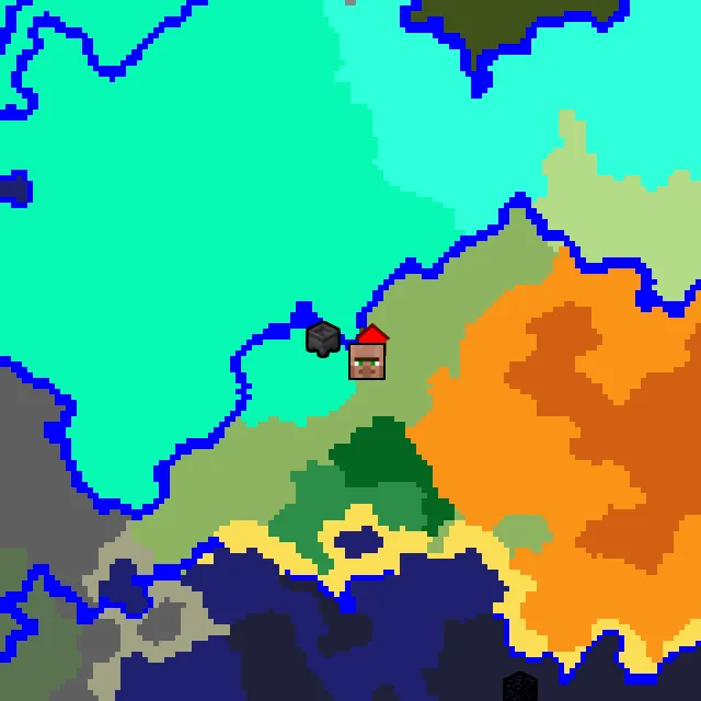 Overworld biome map of seed 623742555631014132 around spawn, with the village and swamp hut marked