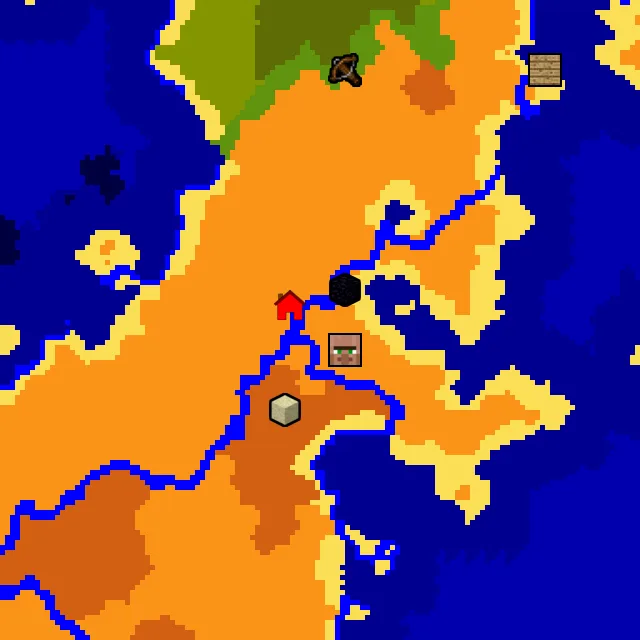 Overworld biome map of seed 92913418919752 around spawn, with the village and ruined portal marked