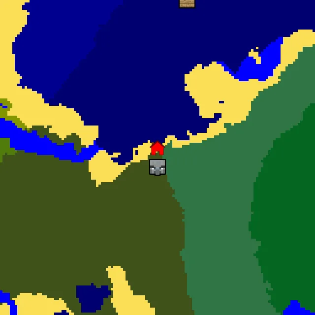 Overworld biome map of seed 1257787932614147 around spawn, with the mansion marked