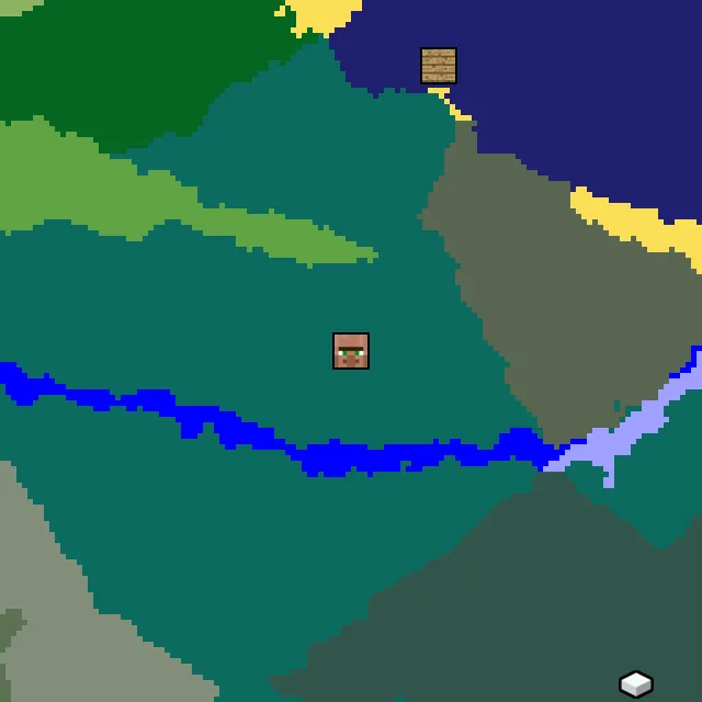 Overworld biome map of seed 1684013368944765 around spawn, with the village marked