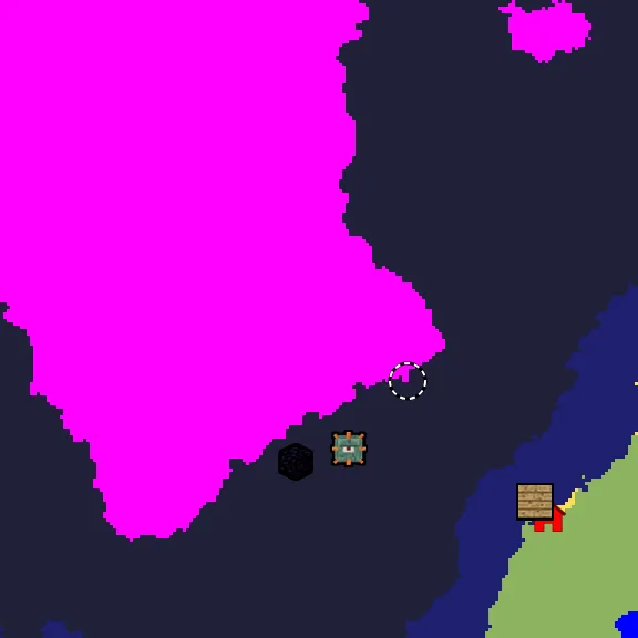 Overworld biome map of seed 1837313616410879242 around spawn, with the mushroom fields marked