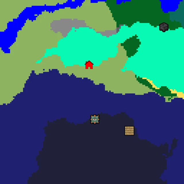 Overworld biome map of seed 2576090928734299 around spawn, with the monument marked
