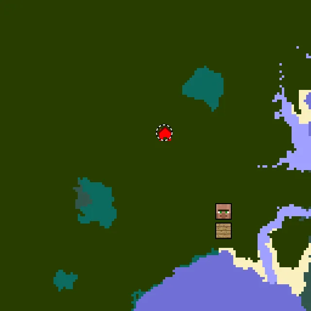 Overworld biome map of seed 3413665292114494 around spawn at Y 0, with the village and lush caves marked