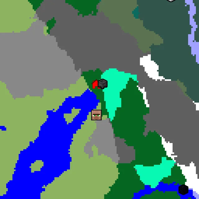 Overworld biome map of seed 61912199234991494 around spawn, with the village and swamp hut marked