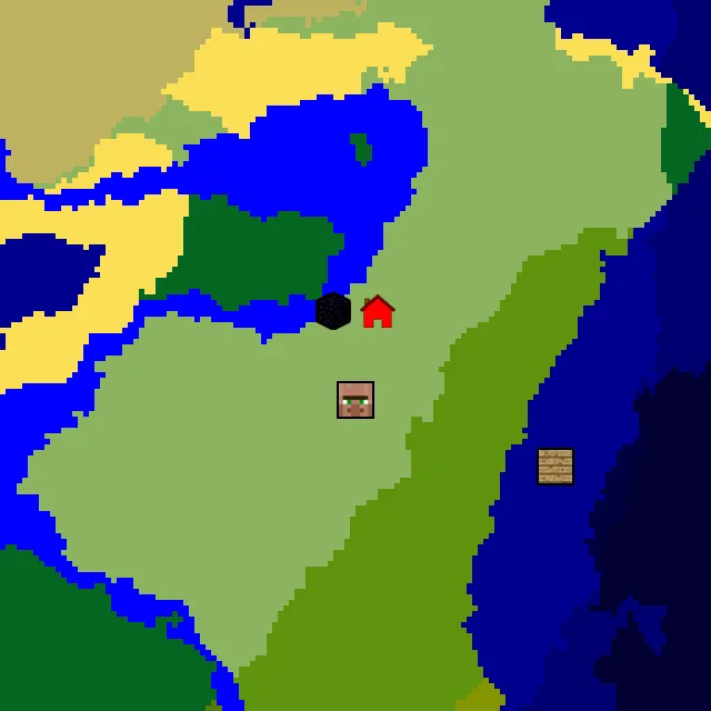 Overworld biome map of seed 951586694299244 around spawn, with the village and ruined portal marked
