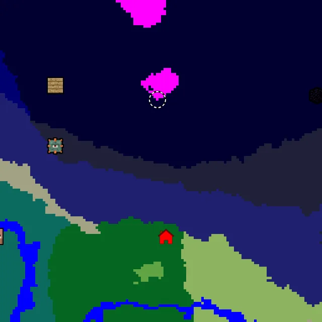 Overworld biome map of seed -3100907940127111444 around spawn, with the mushroom fields marked