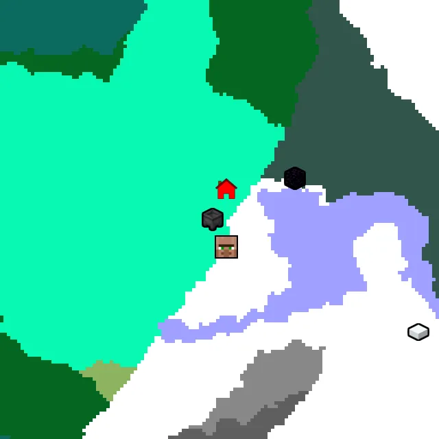 Overworld biome map of seed 1849390104409608676 around spawn, with the village and swamp hut marked