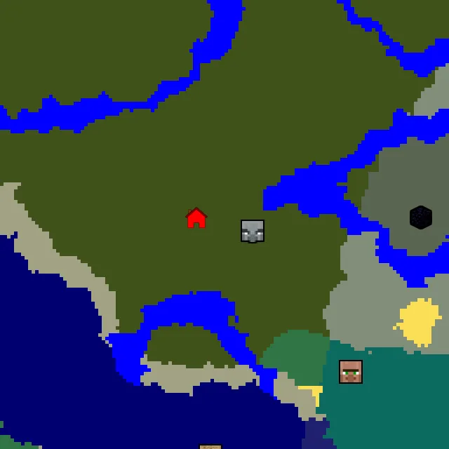 Overworld biome map of seed 22830060256199132 around spawn, with the mansion marked