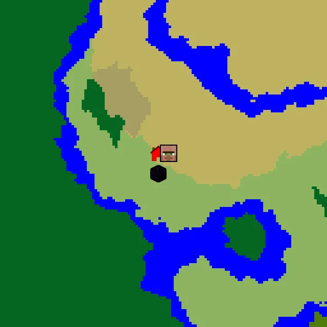Overworld biome map of seed 269363232836536 around spawn, with the village and ruined portal marked