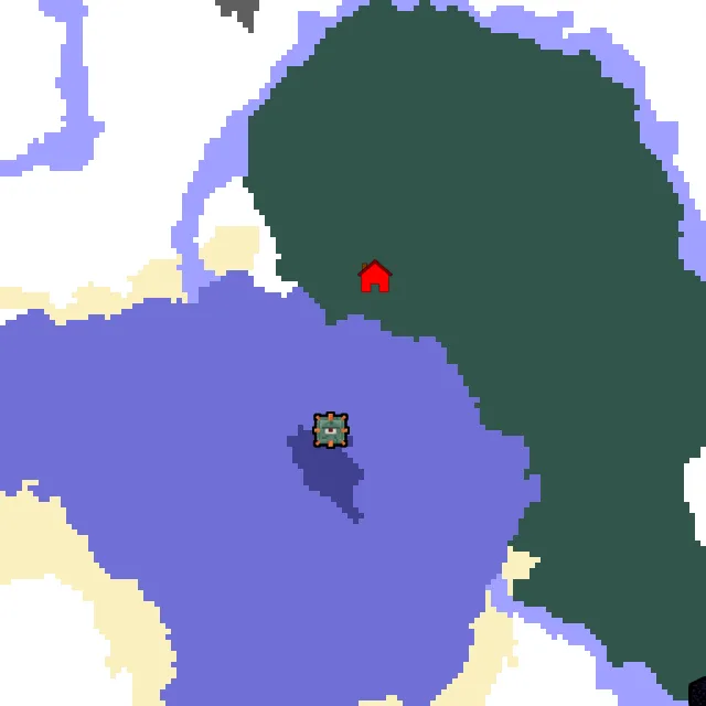 Overworld biome map of seed 42027758483309 around spawn, with the monument marked