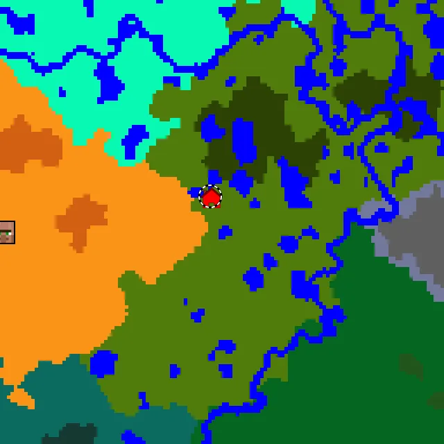 Overworld biome map of seed -4841878271828239089 around spawn, with the jungle marked