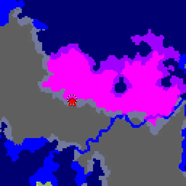 Overworld biome map of seed -4844239072022833678 around spawn, with the mushroom fields marked