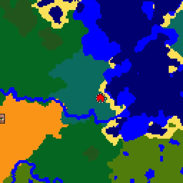 Overworld biome map of seed -6080409320036689754 around spawn, with the taiga marked