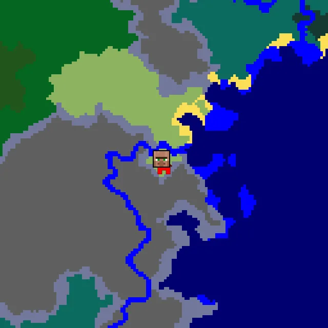 Overworld biome map of seed 109184023190474 around spawn, with the village marked