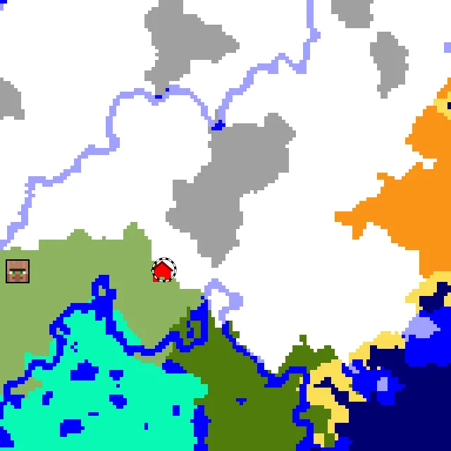 Overworld biome map of seed 1616448976191433071 around spawn, with the snowy plains marked