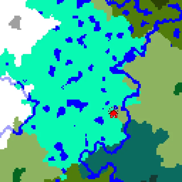 Overworld biome map of seed 3694027054104756264 around spawn, with the swamp marked