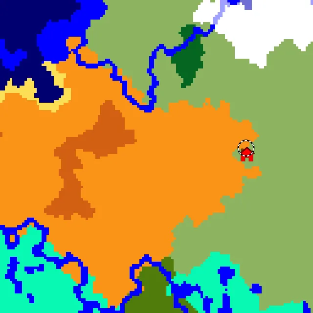 Overworld biome map of seed 5017755676990771581 around spawn, with the desert marked