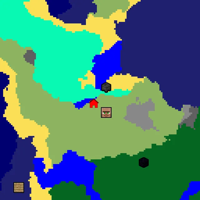 Overworld biome map of seed 1579010328725782274 around spawn, with the village and swamp hut marked