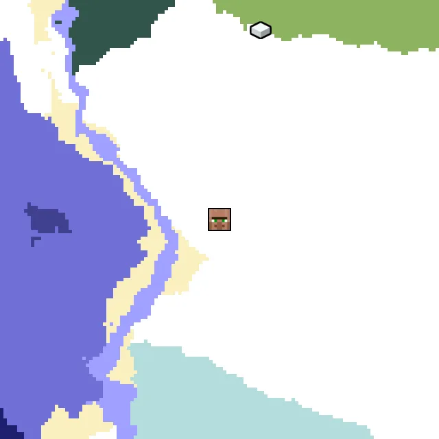 Overworld biome map of seed 2118788916074760 around spawn, with the village marked