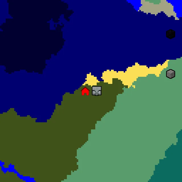 Overworld biome map of seed 22747378045018549 around spawn, with the mansion marked