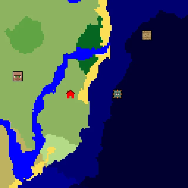 Overworld biome map of seed 3997696169739803 around spawn, with the monument marked